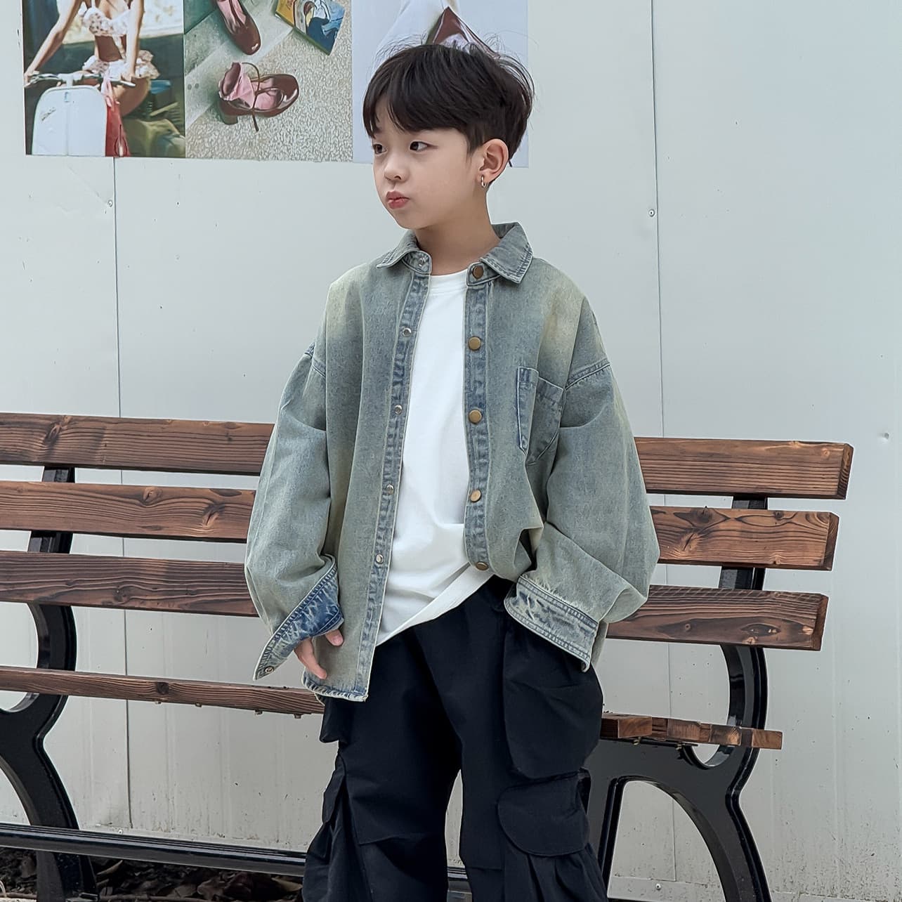 25 Spring Korean Kids' Wear Small/Medium Boys' Retro Blue Washed Soft Faded Denim Loose Shirt Jacket Top