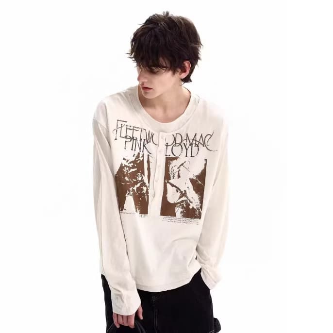 New American Retro Rock Print Henry Collar Long-Sleeve T-Shirt for Men, Trendy Brand Loose Fake Two-Piece Top, Couple's Shirt
