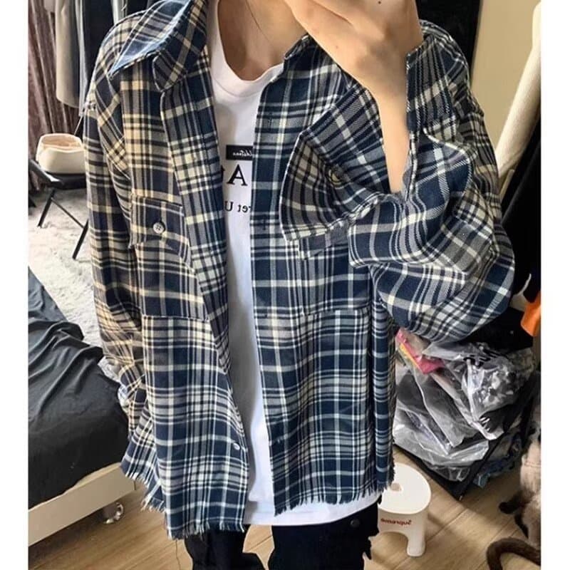 American Vintage Retro Frayed Plaid Shirt Men Women Streetwear Cleanfit Couple Long Sleeve Shirt Jacket