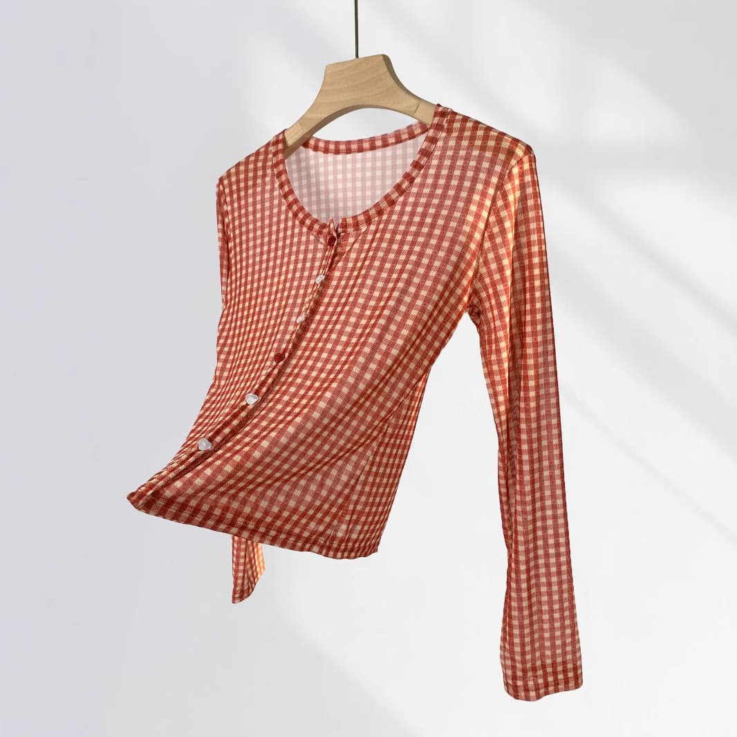 Anti-Snag Ultra-Soft Ice Silk Mesh Plaid Top American Retro Trendy Plaid Sun Protection Long-Sleeve T-Shirt