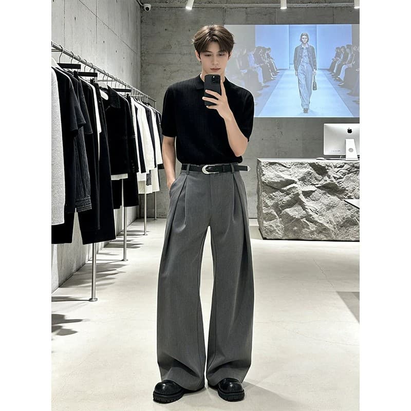 Gray Old Money Pleated Trousers for Men Summer Draped High-End Wide-Leg Pants Cleanfit Curved Knife Pants