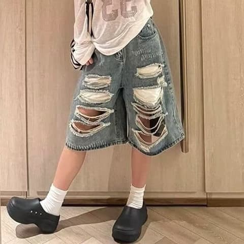 Drop Shipping Summer Hot Sale Ripped Denim Shorts, New High Waist Loose Wide Leg Mid-Length Pants, Plus Size Women's Clothing