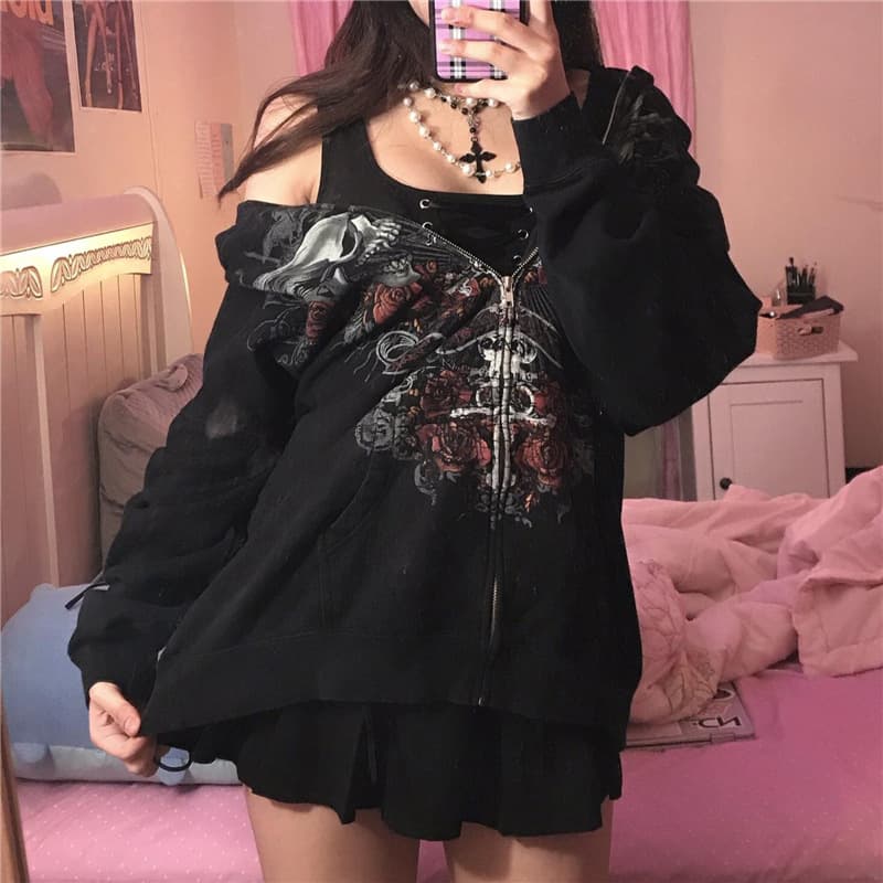 Casual Gothic Zipper Sweatshirt Loose Fit Outerwear Open Cardigan New Style Men's Clothing Comfortable Streetwear