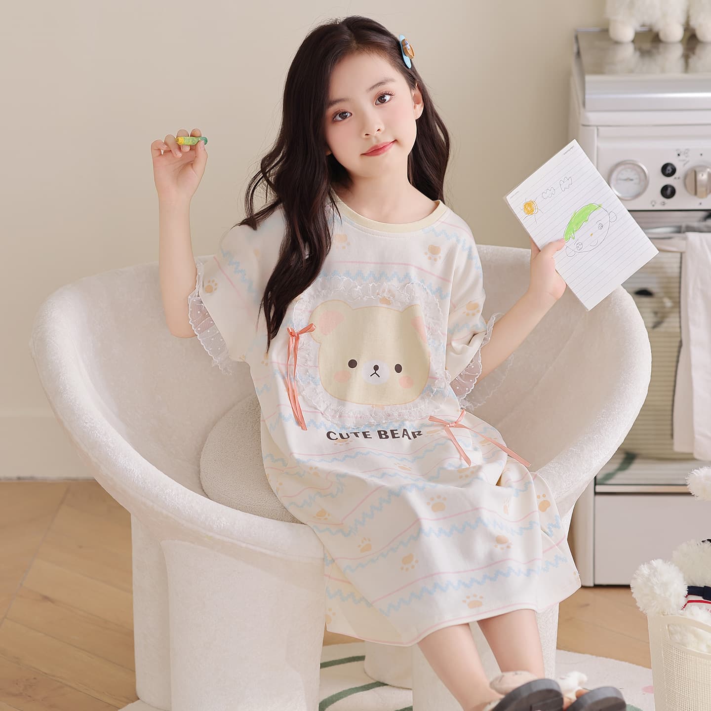 Girls' Nightgown Summer 2026 New Style Thin Cotton Short Sleeve Children's Pajamas Girls Summer Medium and Large Kids Homewear