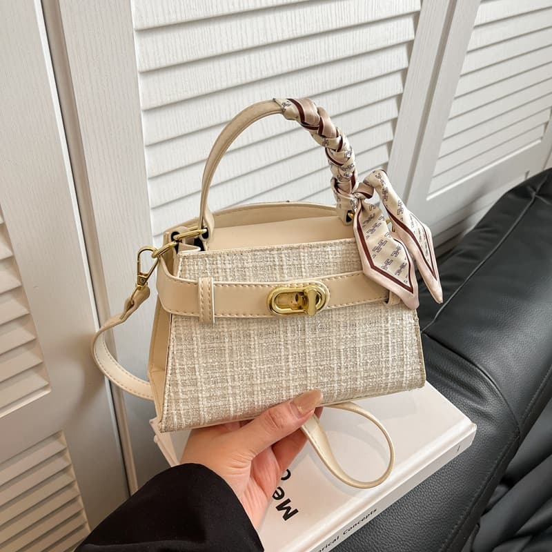 Women's Chanel-Style Handbag with Scarf Detail, Office Lady Temperament Commuter Bag, Fashionable Plaid Trendy Versatile Shoulder and Crossbody Bag