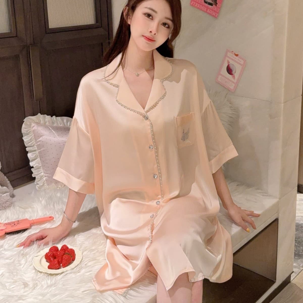 Rhinestone Ice Silk Pajama Set for Women Summer Thin Short Sleeve Light Luxury Cartoon Shirt Dress Internet Celebrity Premium Loungewear