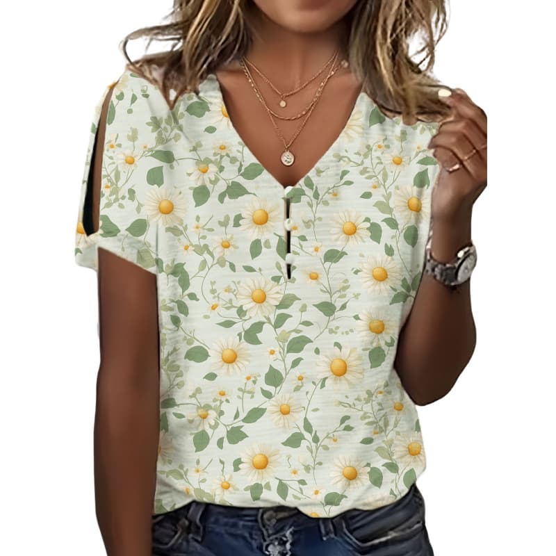 Cross-Border Bestseller 3D Printed Women's Three-Button V-Neck T-Shirt, Loose Casual Women's Top, Digital Print T-Shirt