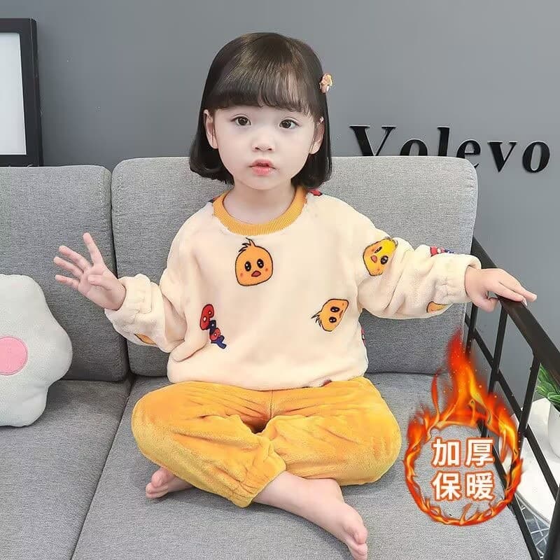 Girls' Flannel Pajama Homewear Set, Autumn/Winter Thickened for Toddlers and Kids, Cartoon Warm Clothing
