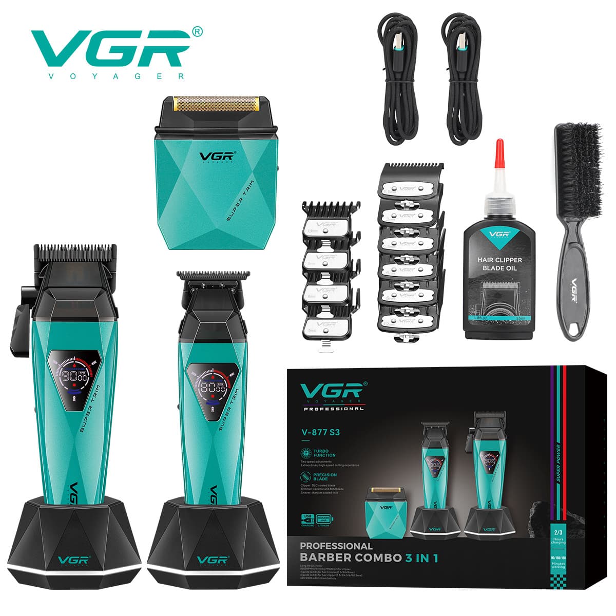 VGR877S3 Cross-border Electric Hair Clipper Set Digital Display Hair Trimmer for Men Salon Whitening Tool Rechargeable Engraving Professional Clipper