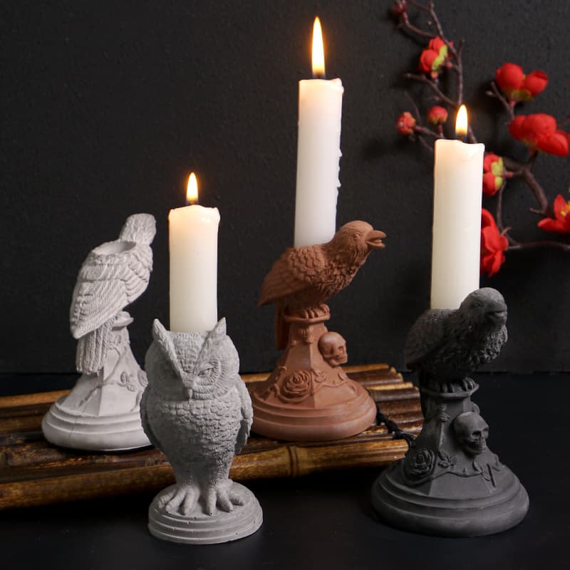 Halloween Gothic Owl Candle Holder Mold - Vintage Raven Candle Holder Desktop Decoration Plaster Silicone Mold