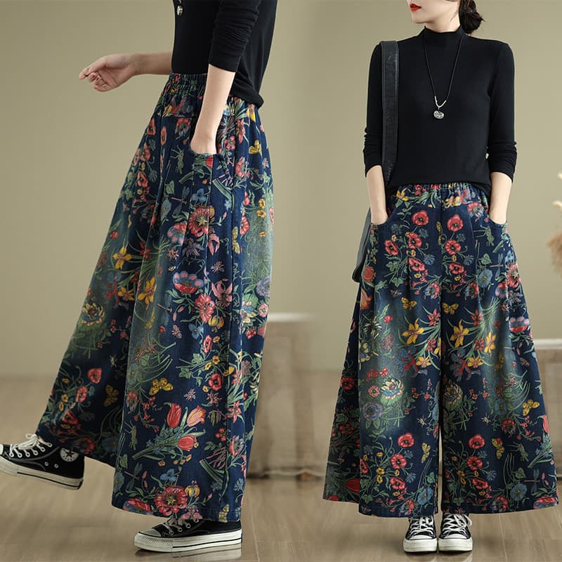 Real Shot Plus Size Denim Wide Leg Pants New Print Elastic Waist Loose Fitting Slim Casual Versatile Denim Straight Wide Leg Pants