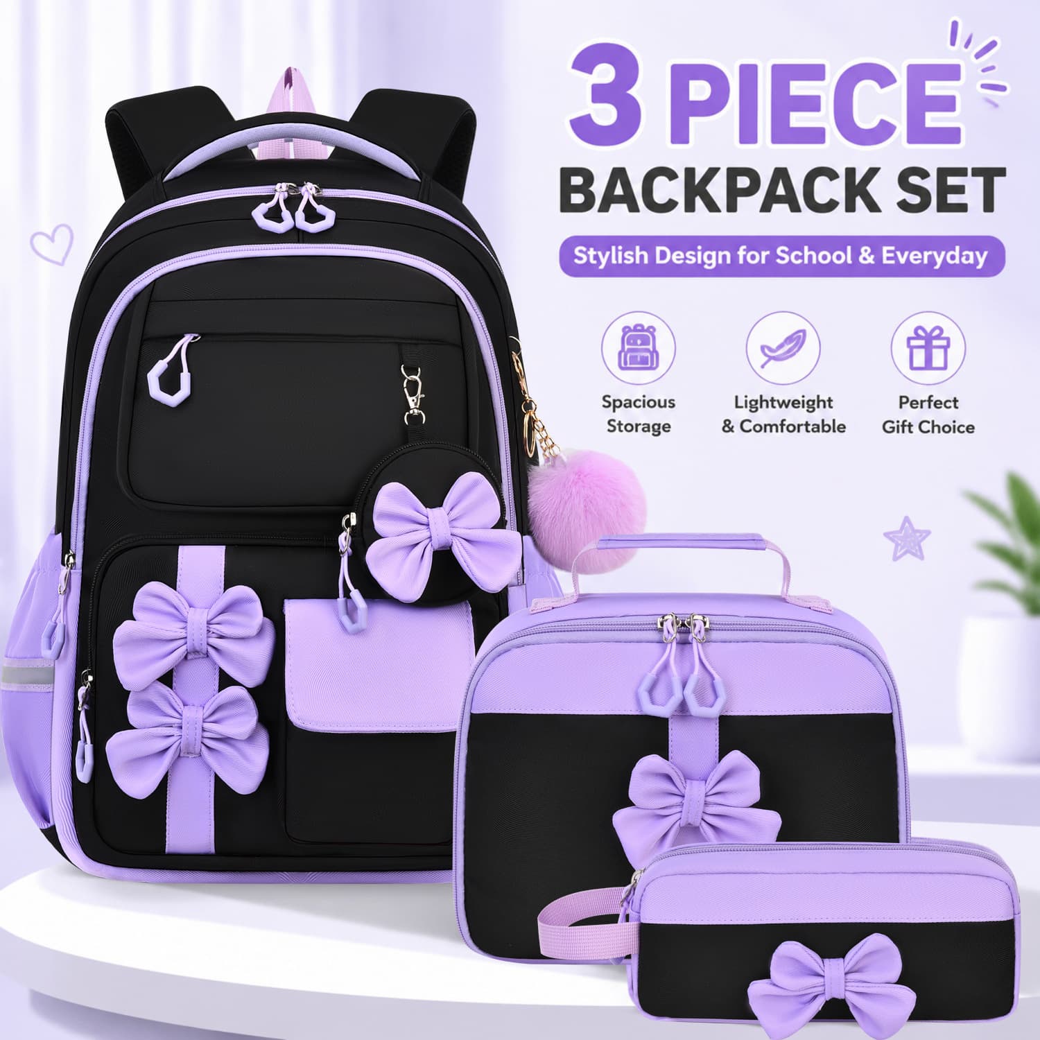 2026 Cross-border New Duffel Bag Cute Bow Backpack Kids Set Elementary School Student Backpack Lunch Bag