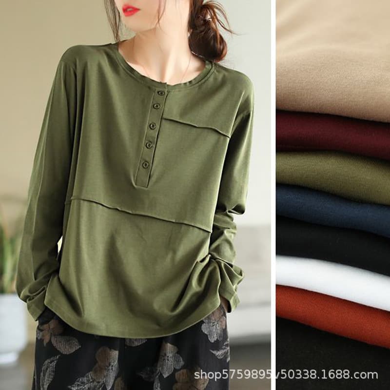 New Artistic Vintage Women's T-Shirt Long Sleeves Spring Autumn Slimming Zipper Base Layer Casual Style Crew Neck Top