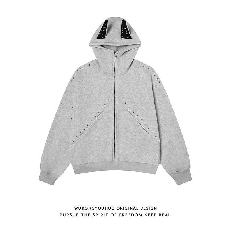 American high street heavy industry rivet hooded cardigan sweatshirt for men and women autumn and winter new niche design loose zipper outer