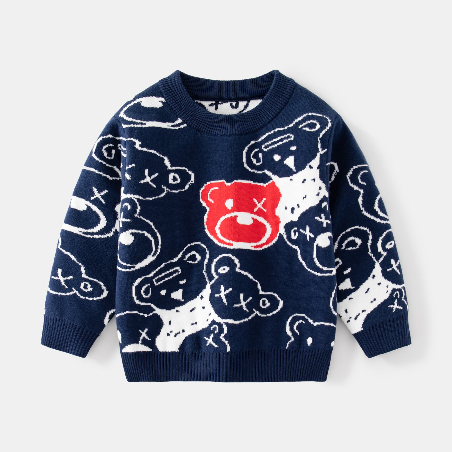2026 Spring New Children's Round Neck Sweater Cartoon Bear Pattern Pullover Warm and Cute Contrast Color Sweater