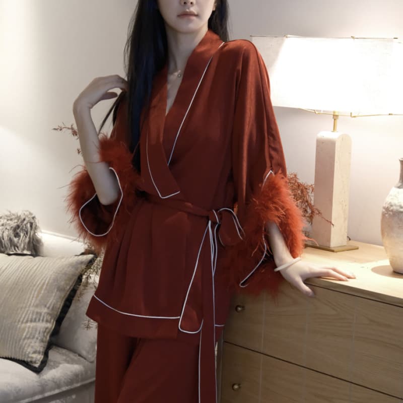 Scarlet Veil" Luxury Premium Ostrich Feather Red Bride Wedding Morning Robe Sleepwear Set