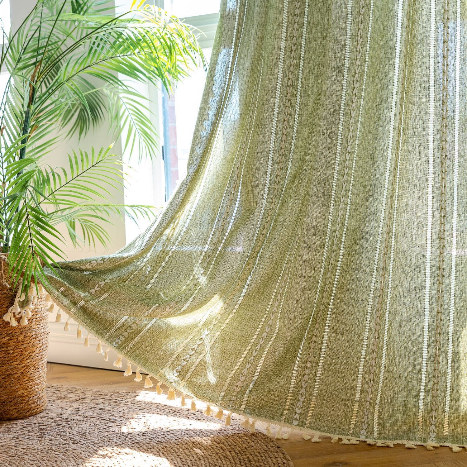 Bohemian Green Kitchen Curtain Valance Finished Product with Tassel Decorative Cute Cabin Style Half Light Blocking Roman Curtain