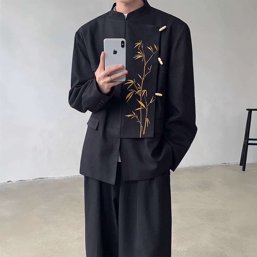 New Chinese style national style men's black gold bamboo embroidered suit jacket spring and autumn high-end handsome tunic jacket