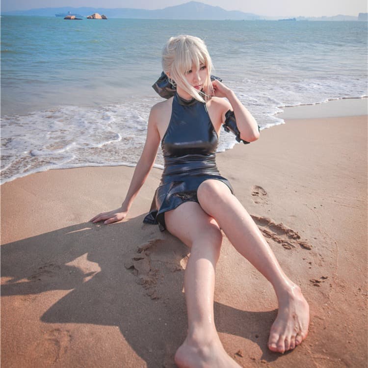 Fate/Grand Order King Black Saber Swimsuit Cosplay FGO School Swimsuit Women Japanese Patent Leather