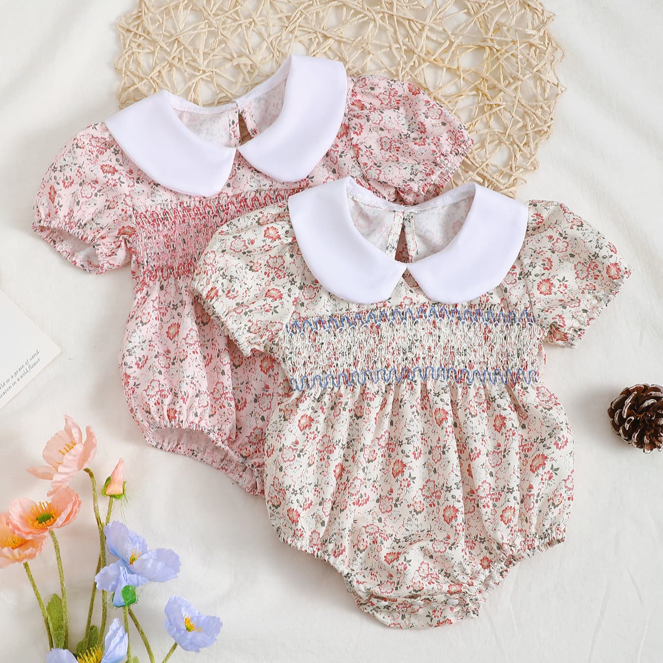 Baby Short-Sleeve Bodysuit Summer Floral Thin Romper Triangle Snap Cloth Newborn Baby Onesie