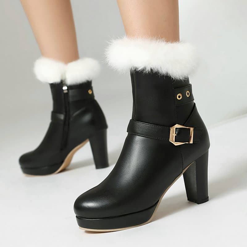 Women's Snow Boots, Rabbit Fur Short Boots, Round Toe, Chunky Heel, Super High Heel, Belt Buckle, Women's Ankle Boots, Winter Fleece-Lined Martin Boots