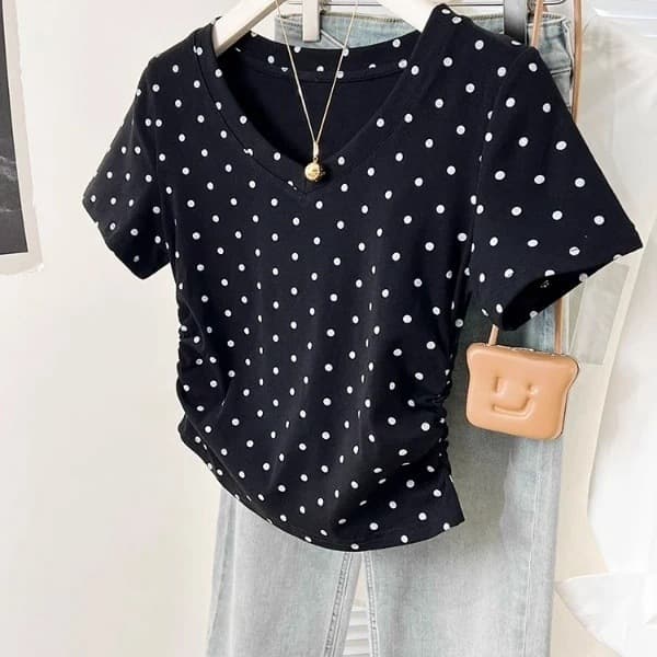 Gray polka dot cotton right shoulder short sleeve t-shirt for women 2025 new summer design pleated short top half sleeve