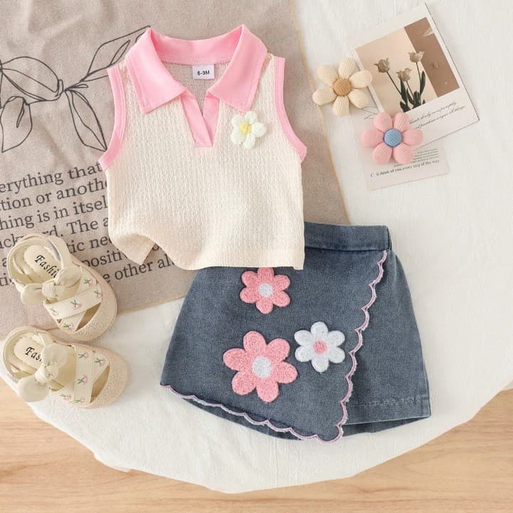 European-American Trend Summer Girls Contrast V-Neck Sleeveless Top Patch Floral Denim Skirt Set, Toddler Outfit