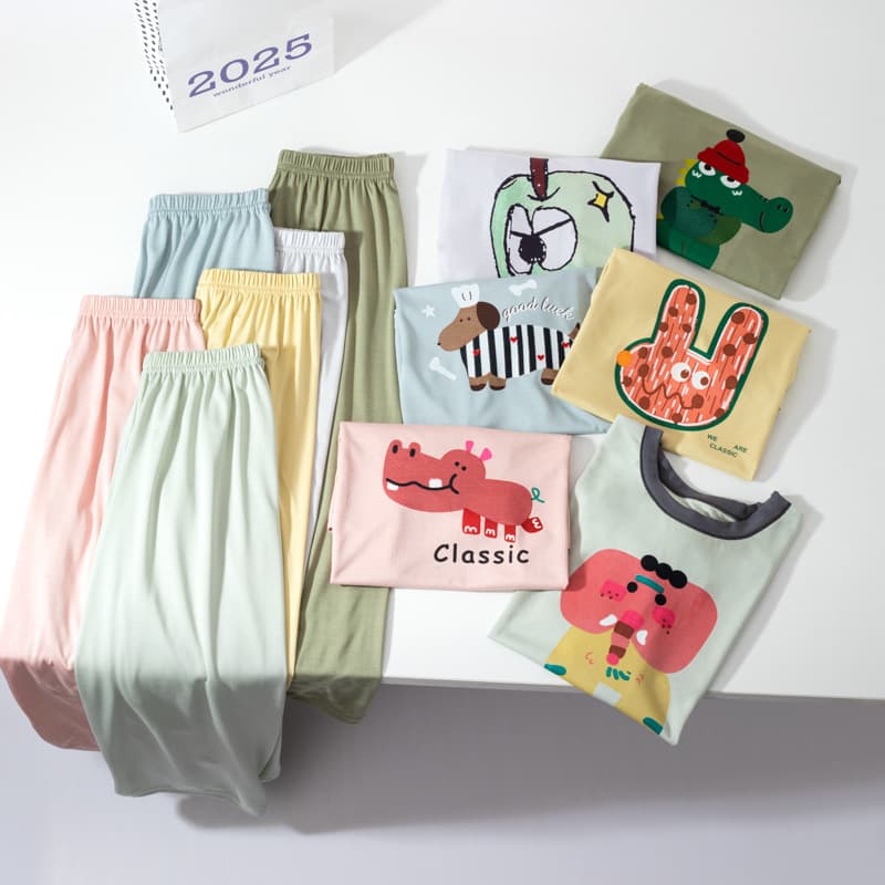 Summer Thin Children's Short Sleeve Top and Long Pants Pajama Set for Boys and Girls, Kids Air Conditioner Sleepwear