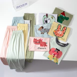 Summer Thin Girls Short Sleeve with Long Pants, Boys Homewear, Youth Air-Conditioning Wear, Kids Pajamas