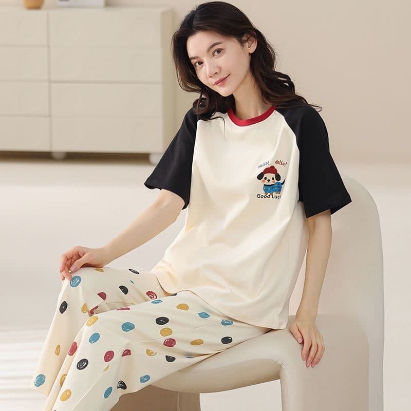 Women's Pajama Set Summer 2025 New Cotton Short Sleeve Long Pants Thin Homewear Two-Piece Set for Outdoor Wear