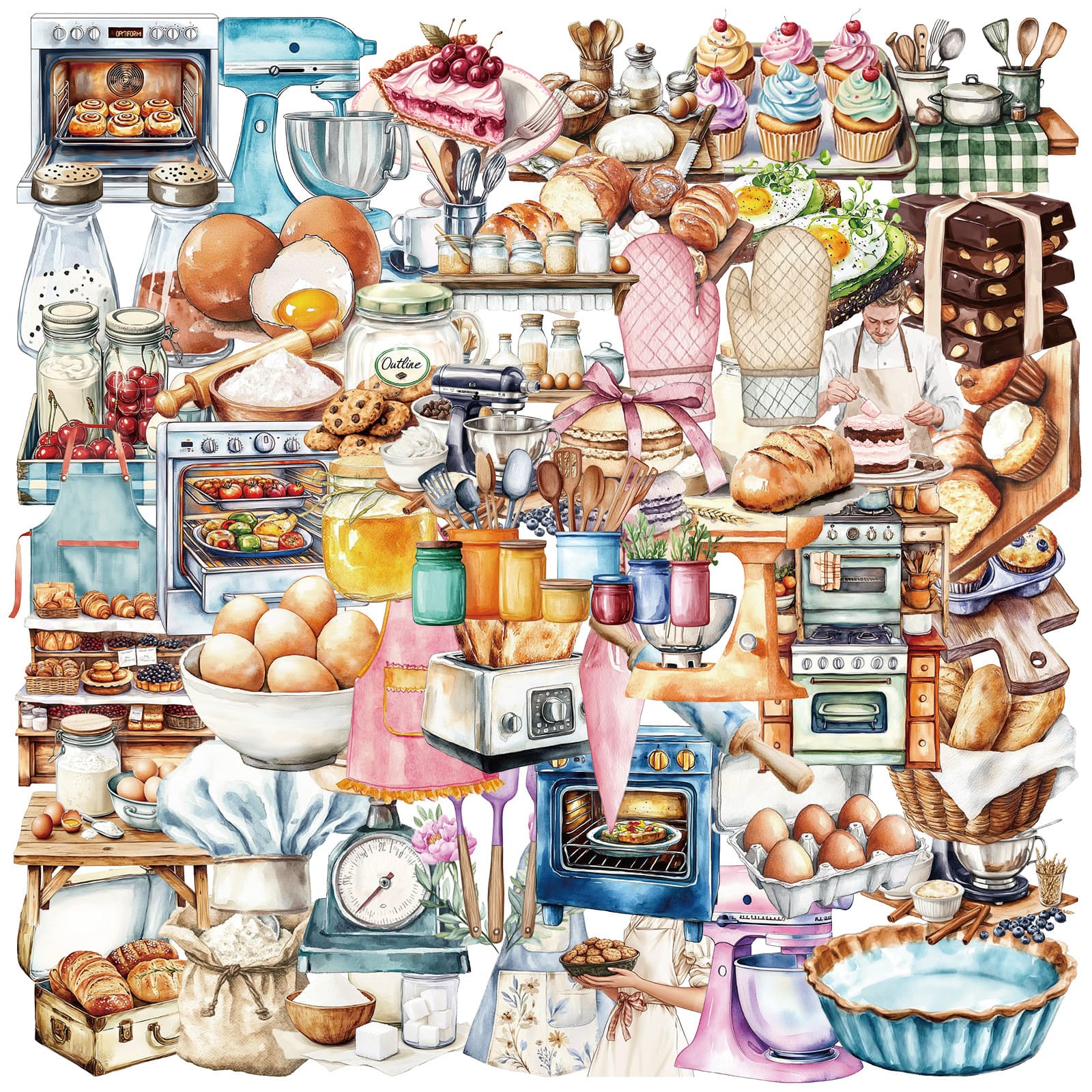 50 Cartoon Baking Theme Journal Stickers - Baking Tools, Bread, Desserts, PET Transparent Stickers, Waterproof