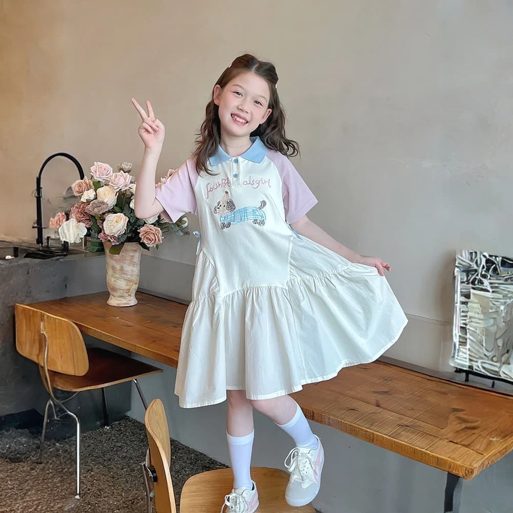 Sweet little princess dress for girls in summer, stylish little girl dachshund POLO dress, children's short-sleeved color matching dress, trendy