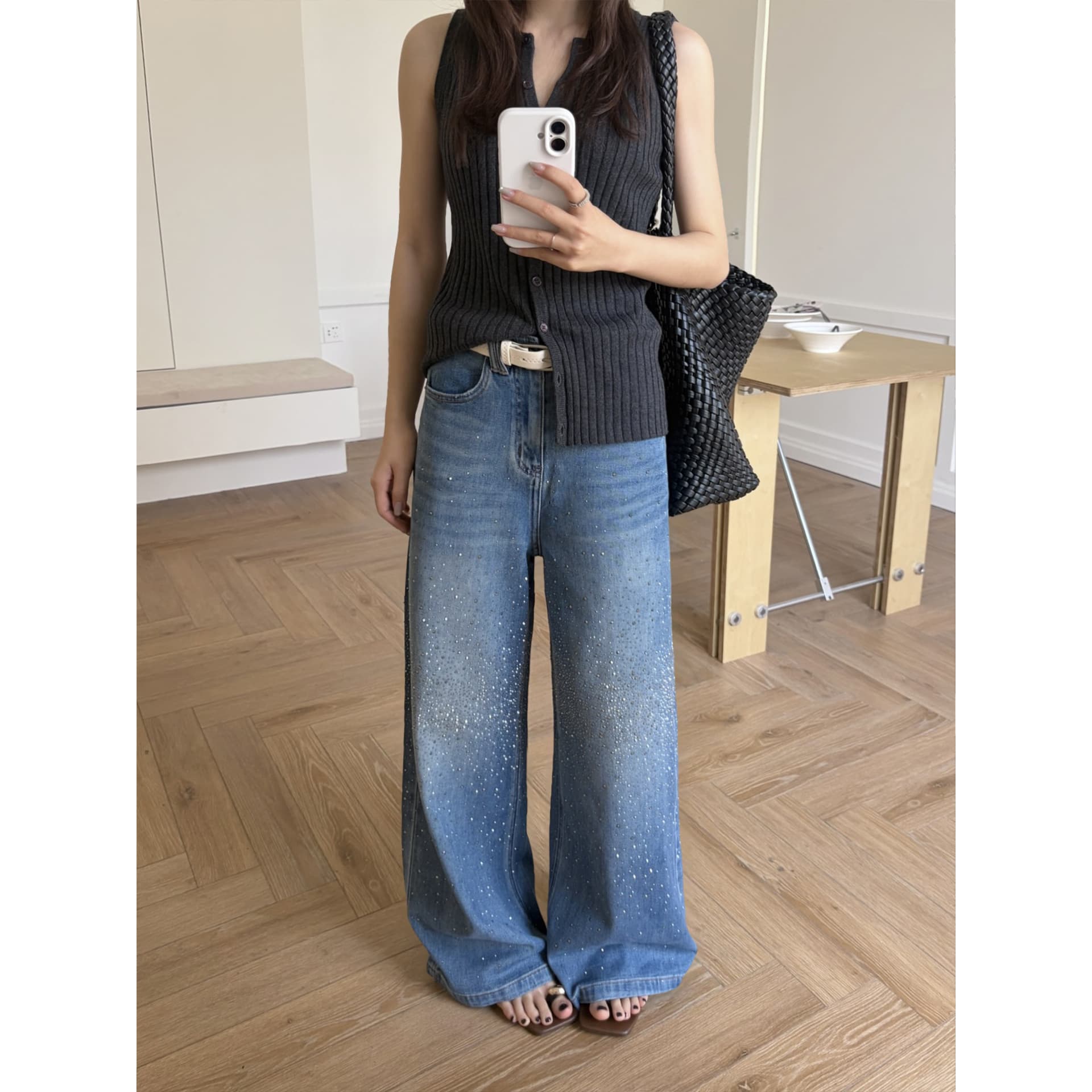 ICCIICC Heavy Rhinestone Fashion Wide-Leg Pants 2026 Women's Versatile Slimming Jeans Spring Summer 2125