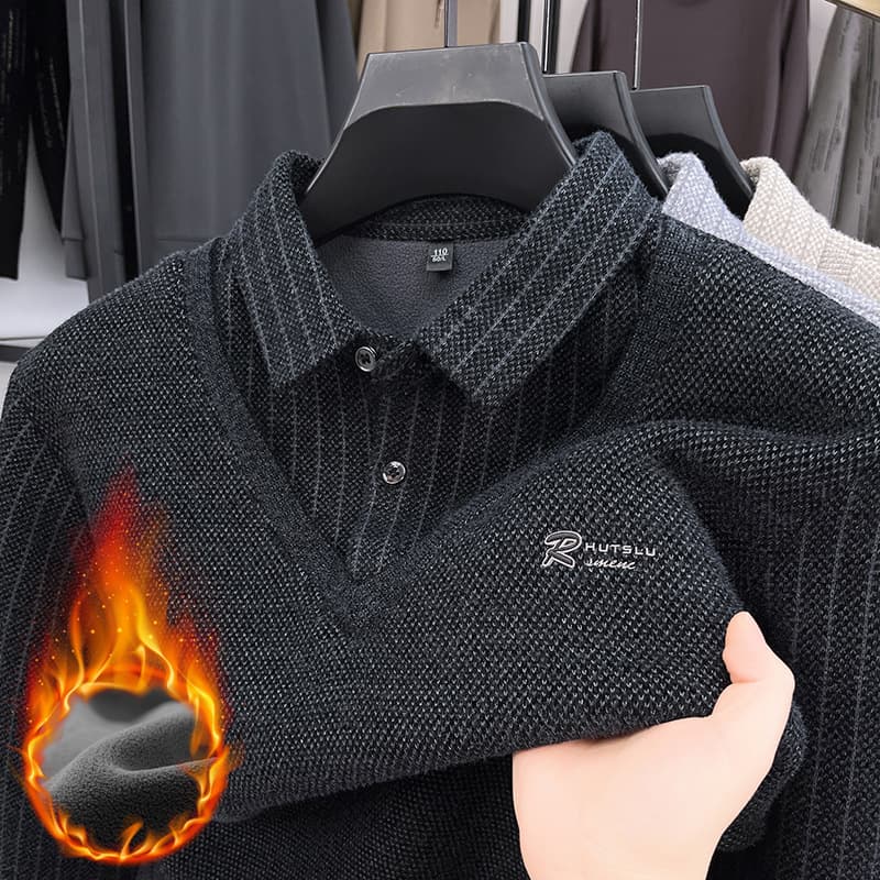 Popular two-piece sweater, winter warm fleece-lined and thickened men's knitwear, lapel, Korean style, fashionable slim fit.