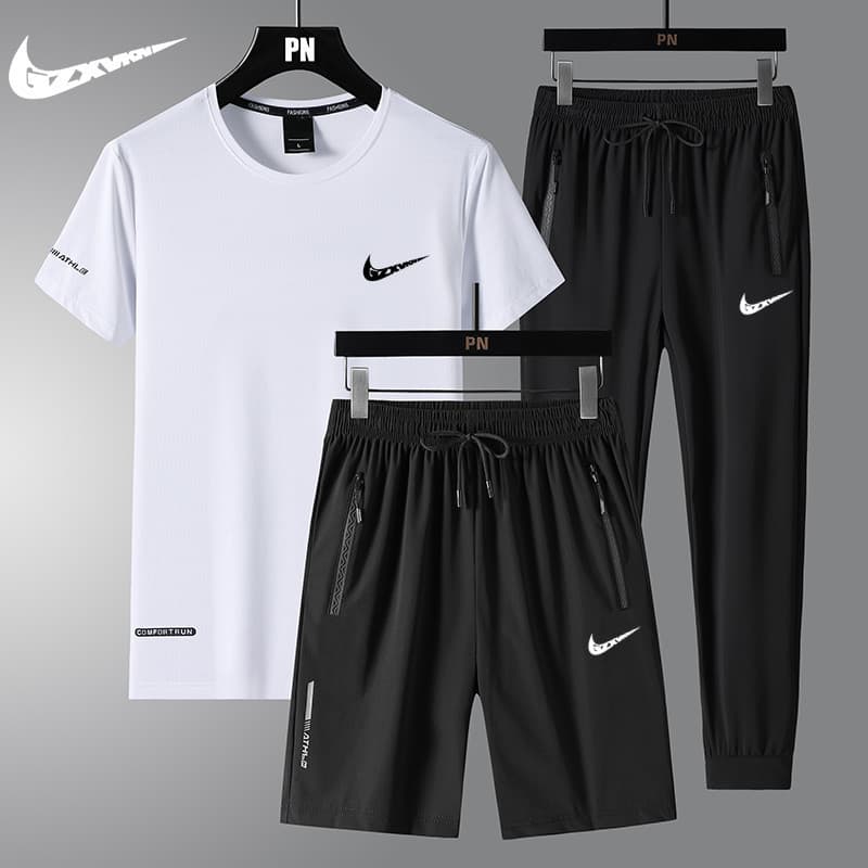 3-Piece Ice Silk Set for Men 2024 Summer New Style Casual Quick-Dry Trendy Fitness Running Sportswear
