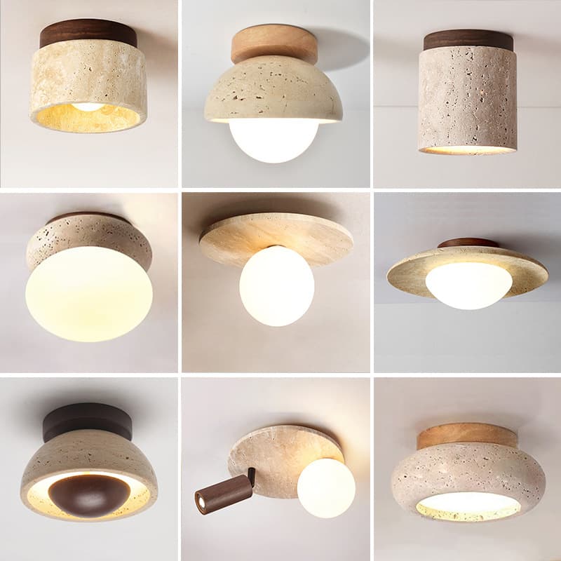 Yellow Travertine Lamp Round Wooden Cream Retro Mid-Century Wabi-Sabi Style Ceiling Light Entryway Balcony Corridor Hallway Lamp