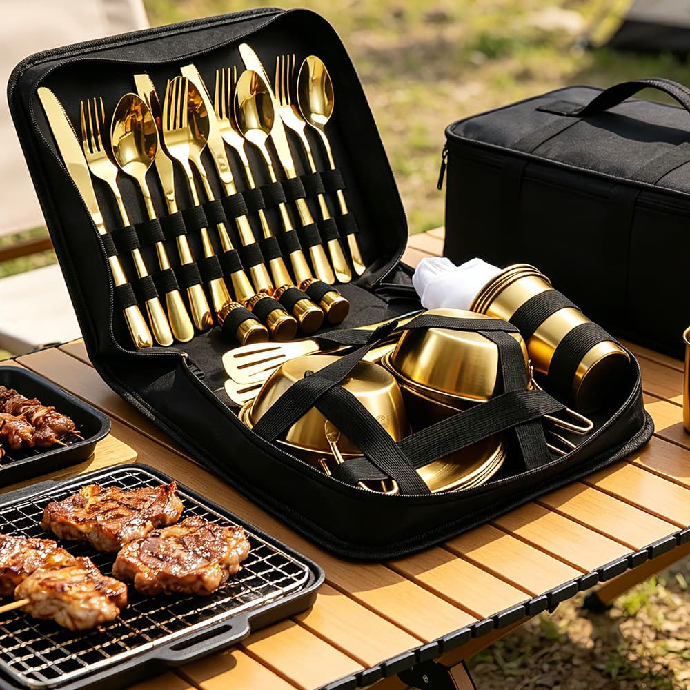Cross-border stainless steel tableware set for four people, outdoor picnic steak knife, fork, spoon, cup and bowl tableware set, customized