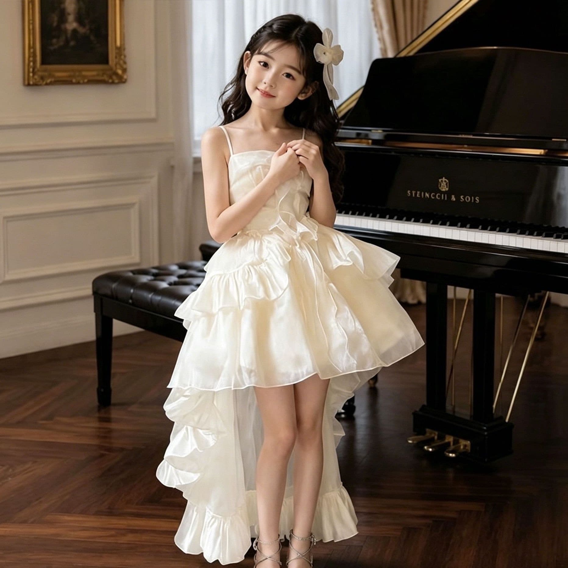 Summer New Sweet and Cute Girl's Princess Birthday Party Gown with Train, Slim-Fit Dress for Girls