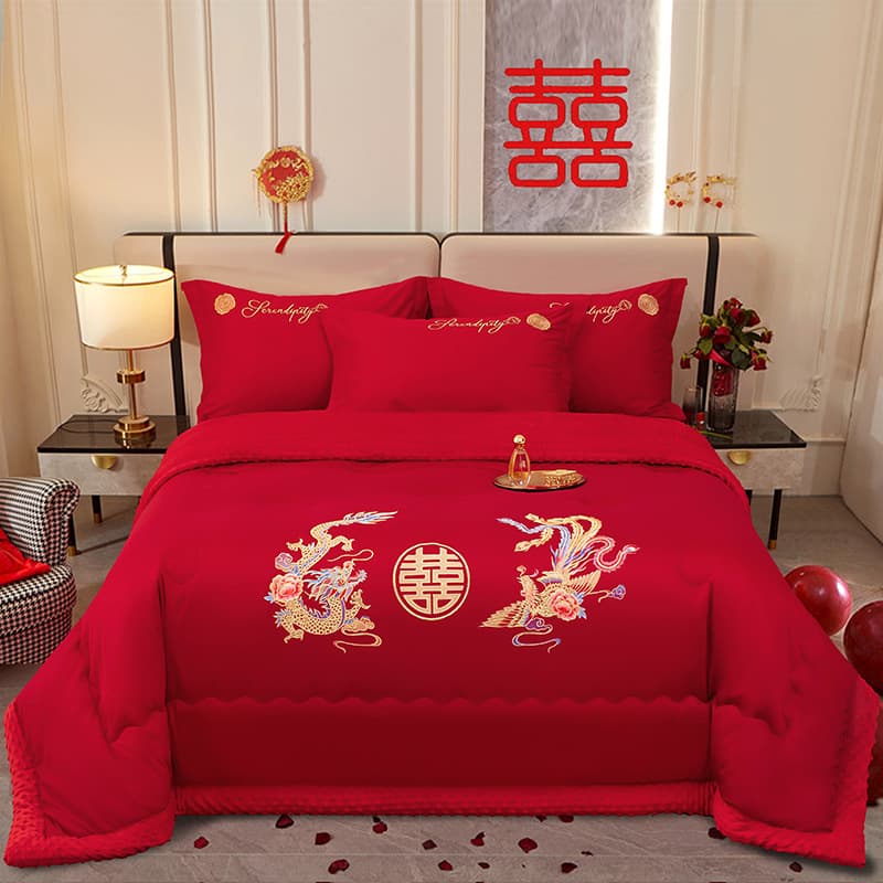 New Chinese Style Wedding Red Cotton Bean Velvet Joy Quilt High-End Embroidery Wedding Dowry Warm Four-Season Quilt Core