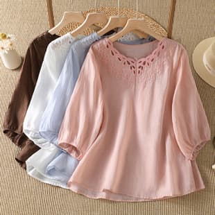 New Summer Vintage Slimming Lace Embroidery Lantern Sleeve Blouse for Women