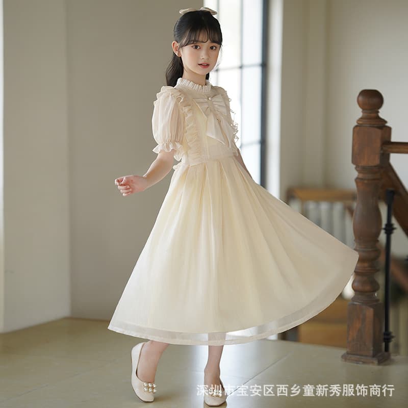 Girls Summer Long Dress New Fairy Princess Skirt Korean Style Short Sleeve Chiffon Children Clothing