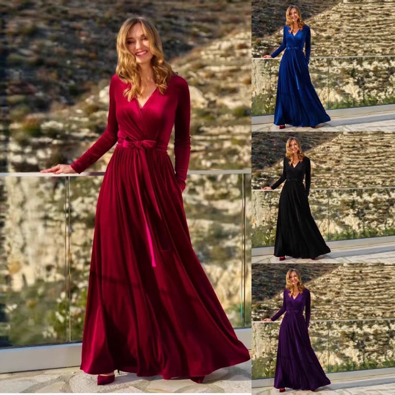 Women's Autumn/Winter New Style Korean Velvet Elegant Fashion Socialite Style Long V-Neck Ladies Bridesmaid Dress