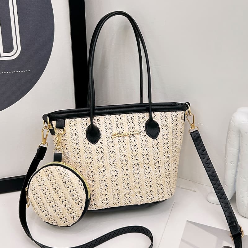 2025 New Minimalist Commuter Fashion Diamond-Quilted Handbag Straw Woven Bag Shoulder Crossbody 2-Piece Set Factory Wholesale Bag