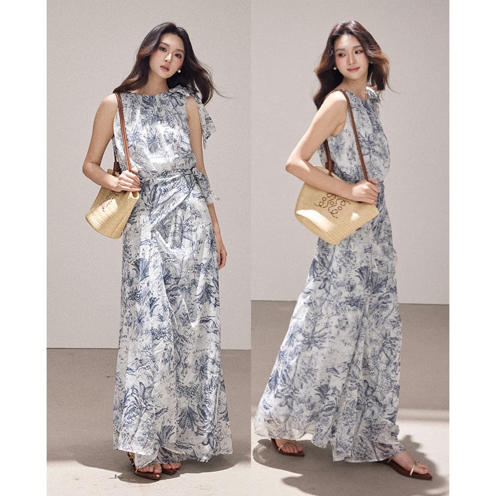 Shengdu 26 Summer New Southern France Vacation Retro Print Chiffon One-Shoulder Tie Flowing Sleeveless Maxi Dress