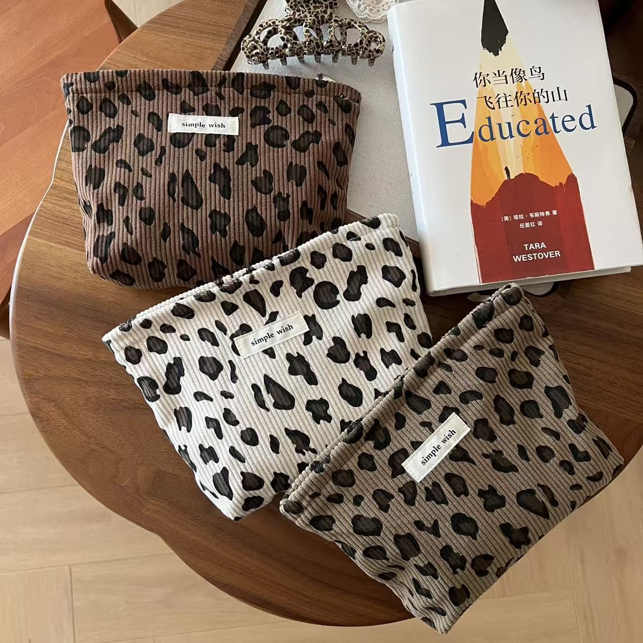 [Suxi Cloth Bag] Retro Artistic Vintage Corduroy Leopard Print Small Cosmetic Bag Makeup Pouch Phone Bag