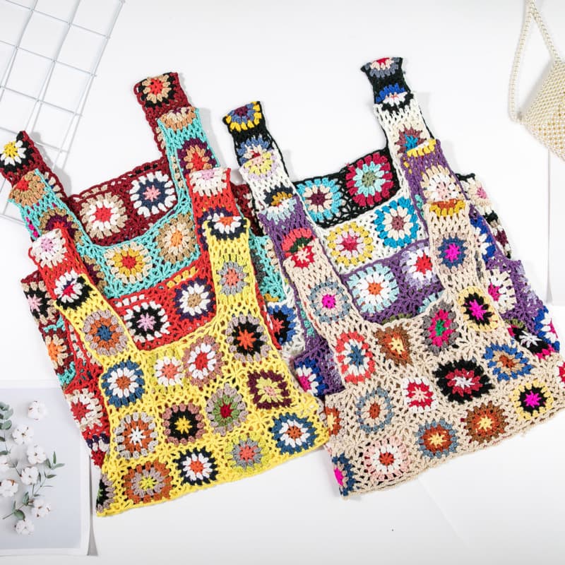 Ethnic Style Hand-Crocheted Short Camisole Knit Vest for Women, Hollow Out Cover-Up, Colorful, Trendy Outerwear