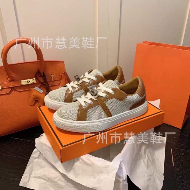25 new H family white shoes for women genuine leather kelly metal lock buckle flat lace sports comfortable casual couple shoes