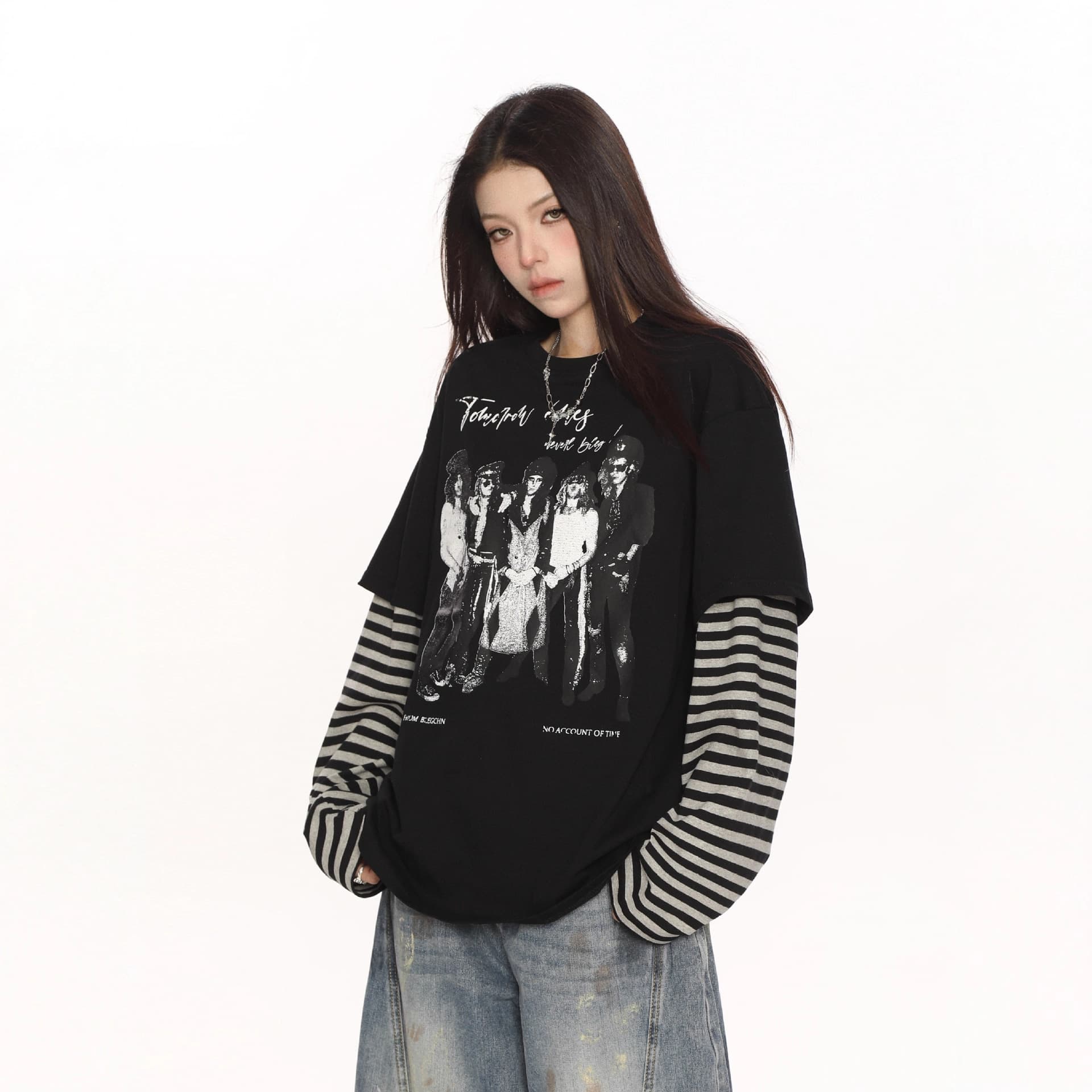 BIGGOLD Rock Band Faux Two-Piece Striped Long-Sleeve T-Shirt for Women, Spring and Autumn Oversize Couple Base Layer Top