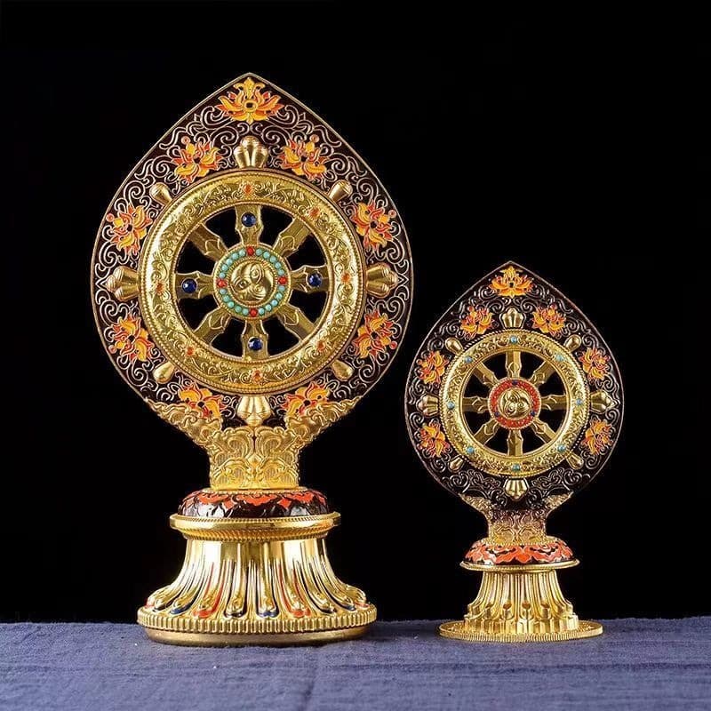 Enamel-painted Dharma Wheel for Tibetan Esoteric Buddhism, Seven Royal Treasures Home Buddhist Altar Decoration and Worship Tool