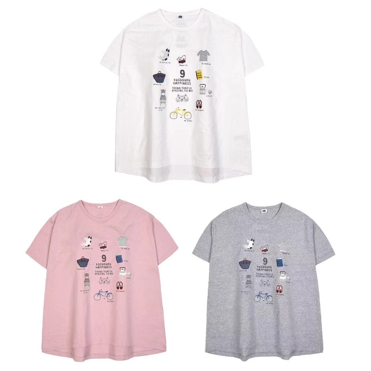 Japanese Kusuguru Embroidered Cat Women's Cotton T-Shirt Round Neck Short Sleeve Casual Cotton Top Versatile 112
